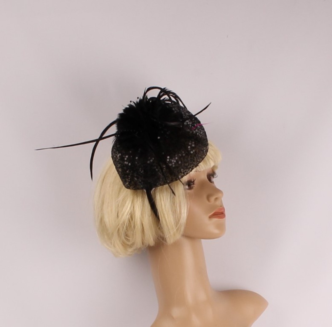  Head band pillbox  hatiinator w sequins and feathers black STYLE: HS/4679/BLK image 0